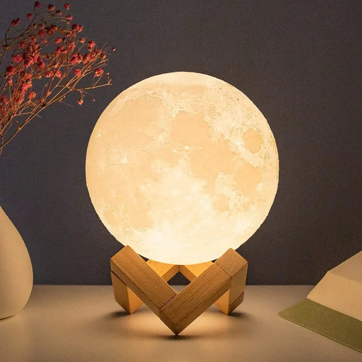 Bateria Powered LED Moon Lamp Com Suporte, Starry Night Light, Decoração do quarto, Kids Gift, 8cm